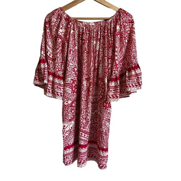 Umgee Size Small Red Cream Boho Bohemian Off the Shoulder Slip Shift Dress - Picture 2 of 6